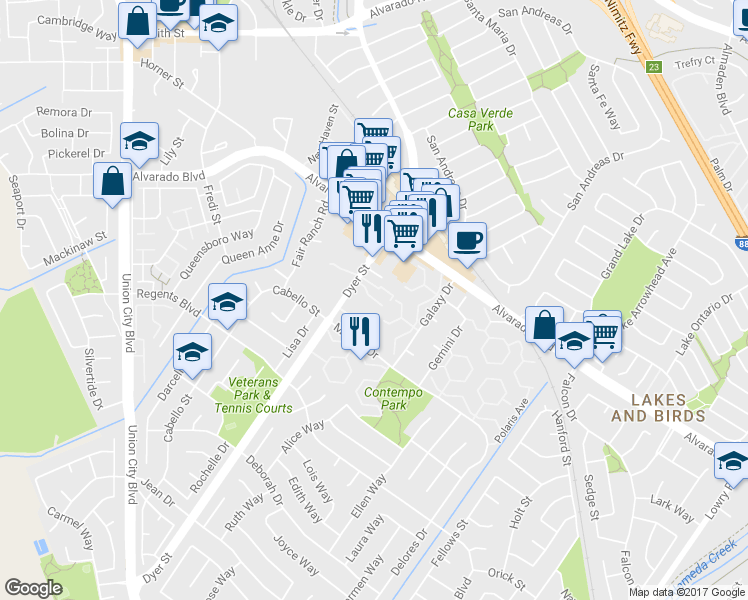 map of restaurants, bars, coffee shops, grocery stores, and more near 32058 Arya Court in Union City