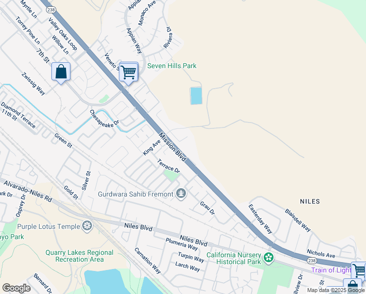 map of restaurants, bars, coffee shops, grocery stores, and more near 35490 Mission Boulevard in Fremont
