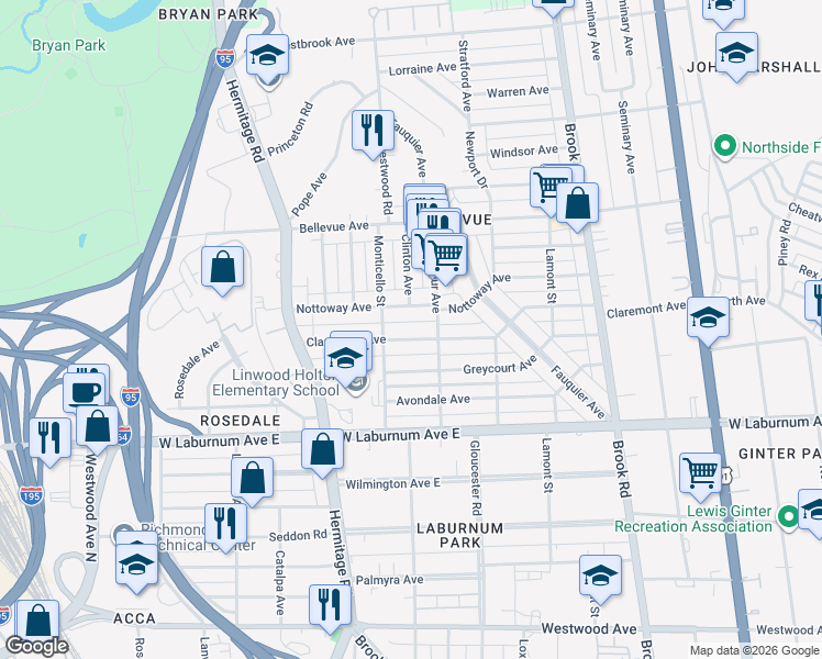 map of restaurants, bars, coffee shops, grocery stores, and more near 1503 Claremont Avenue in Richmond