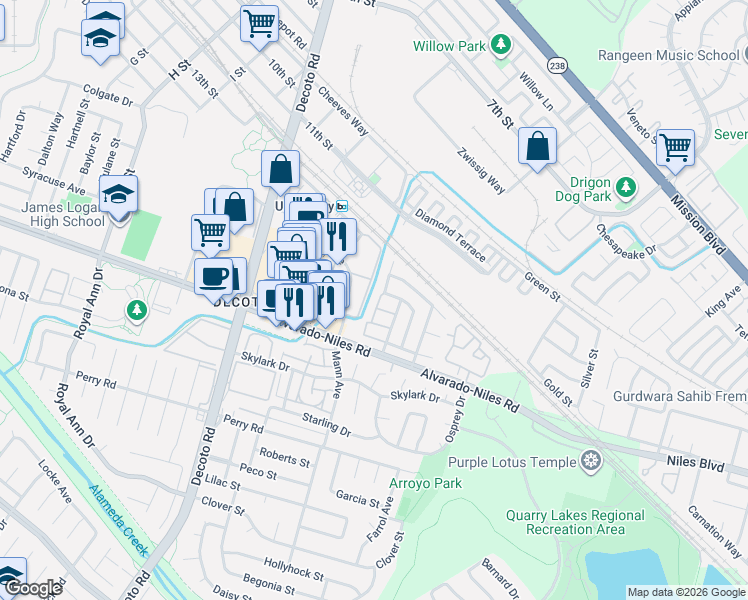 map of restaurants, bars, coffee shops, grocery stores, and more near 1889 Firebrick Terrace in Union City