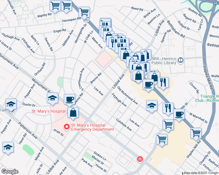 map of restaurants, bars, coffee shops, grocery stores, and more near in Henrico County