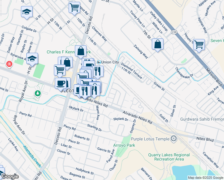 map of restaurants, bars, coffee shops, grocery stores, and more near 34867 Travertine Way in Union City