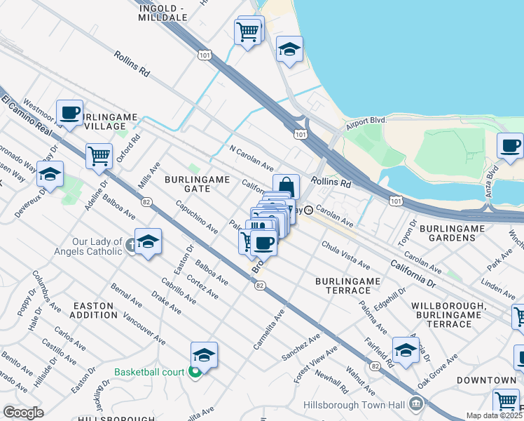 map of restaurants, bars, coffee shops, grocery stores, and more near 1228 Laguna Avenue in Burlingame