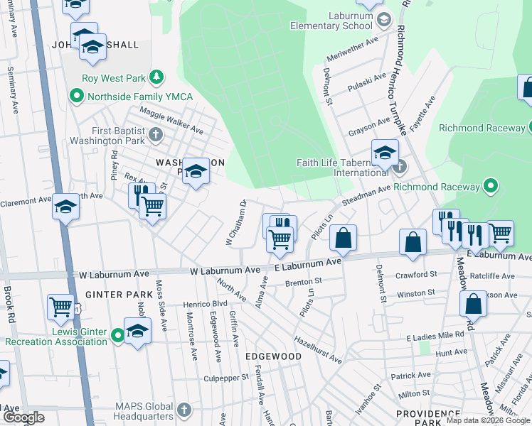 map of restaurants, bars, coffee shops, grocery stores, and more near 3914 East Chatham Drive in Richmond