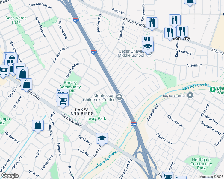 map of restaurants, bars, coffee shops, grocery stores, and more near 33010 Lake Mead Drive in Fremont