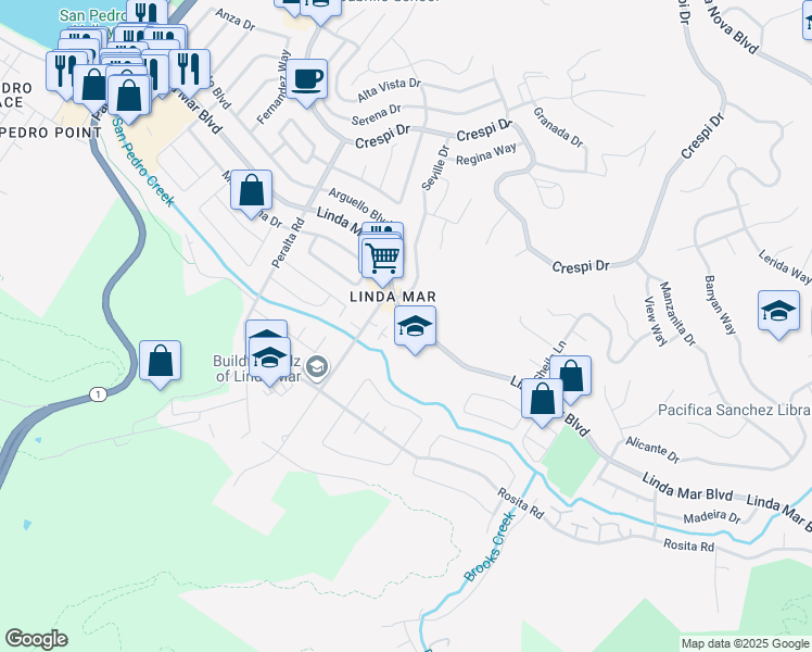 map of restaurants, bars, coffee shops, grocery stores, and more near 1000 Linda Mar Boulevard in Pacifica