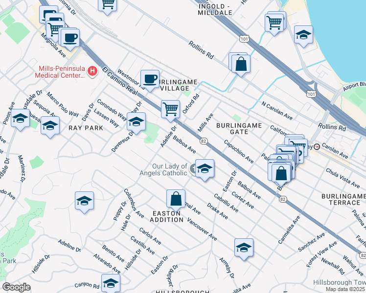 map of restaurants, bars, coffee shops, grocery stores, and more near 1445 Balboa Avenue in Burlingame
