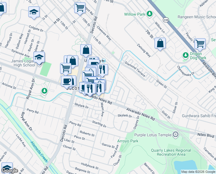 map of restaurants, bars, coffee shops, grocery stores, and more near 34 Union Square in Union City