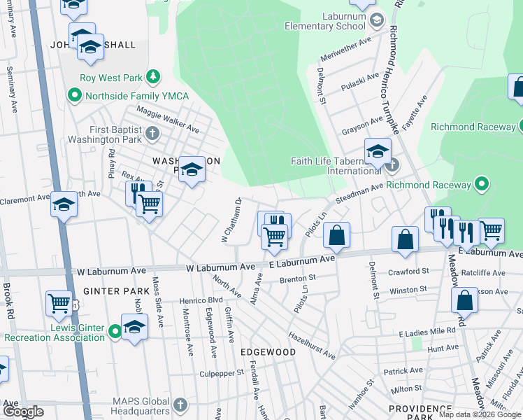 map of restaurants, bars, coffee shops, grocery stores, and more near 3914 East Chatham Drive in Richmond