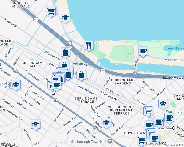 map of restaurants, bars, coffee shops, grocery stores, and more near 1060 Carolan Avenue in Burlingame