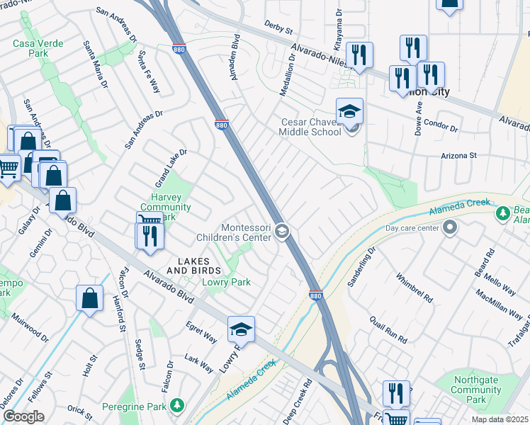 map of restaurants, bars, coffee shops, grocery stores, and more near 33010 Lake Mead Drive in Fremont