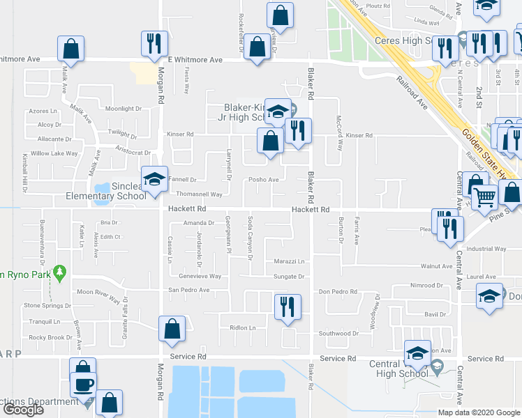 map of restaurants, bars, coffee shops, grocery stores, and more near 1540 Hackett Road in Ceres