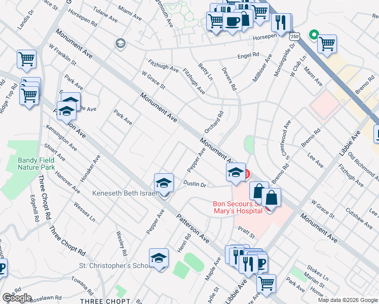 map of restaurants, bars, coffee shops, grocery stores, and more near 6229 West Franklin Street in Richmond