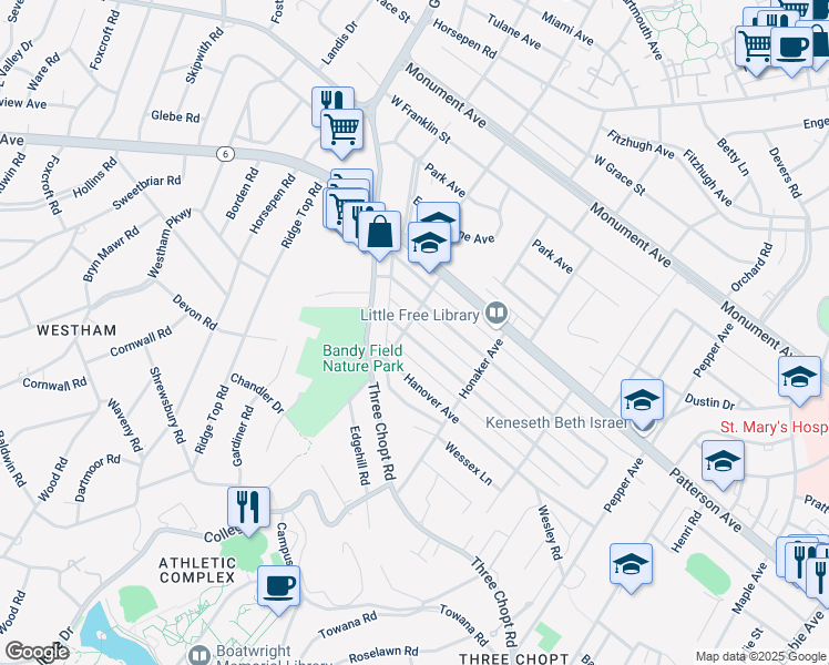 map of restaurants, bars, coffee shops, grocery stores, and more near 6732 Stuart Avenue in Richmond