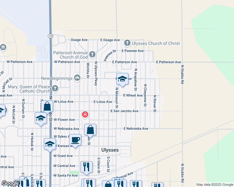 map of restaurants, bars, coffee shops, grocery stores, and more near 810 North Missouri Street in Ulysses