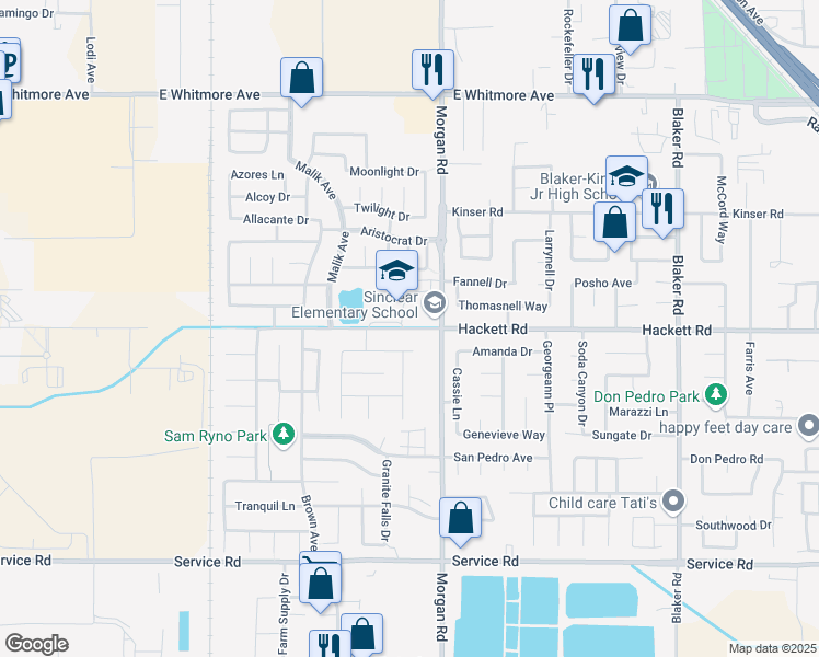 map of restaurants, bars, coffee shops, grocery stores, and more near 1206 Hackett Road in Ceres