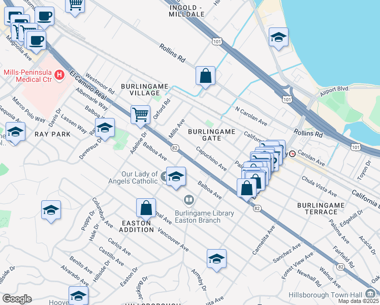 map of restaurants, bars, coffee shops, grocery stores, and more near 1345 California 82 in Burlingame