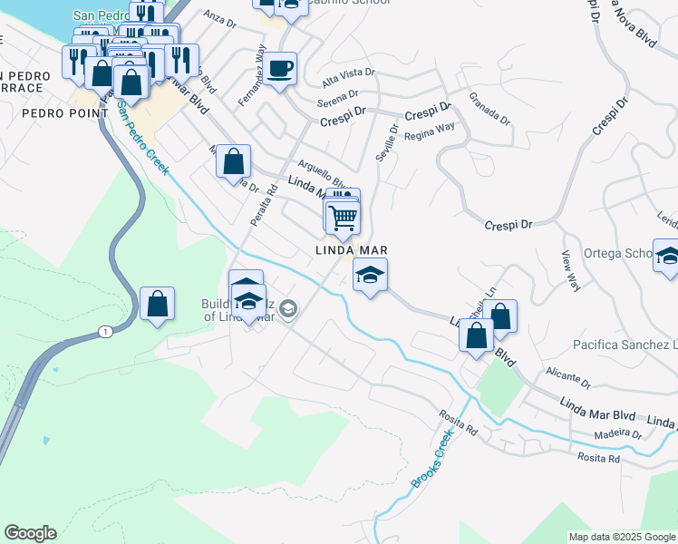 map of restaurants, bars, coffee shops, grocery stores, and more near 1000 Linda Mar Boulevard in Pacifica