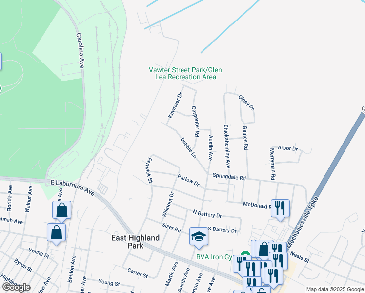 map of restaurants, bars, coffee shops, grocery stores, and more near 1723 Debbie Lane in Richmond
