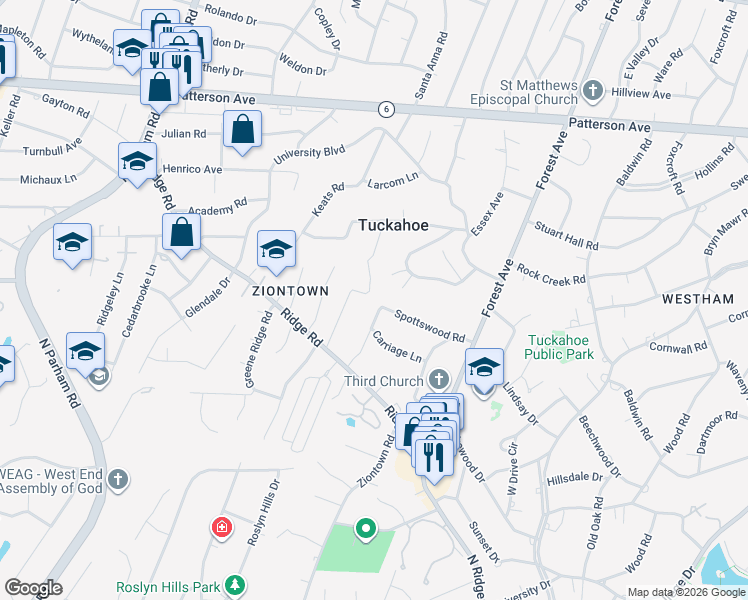 map of restaurants, bars, coffee shops, grocery stores, and more near 710 Spottswood Road in Richmond