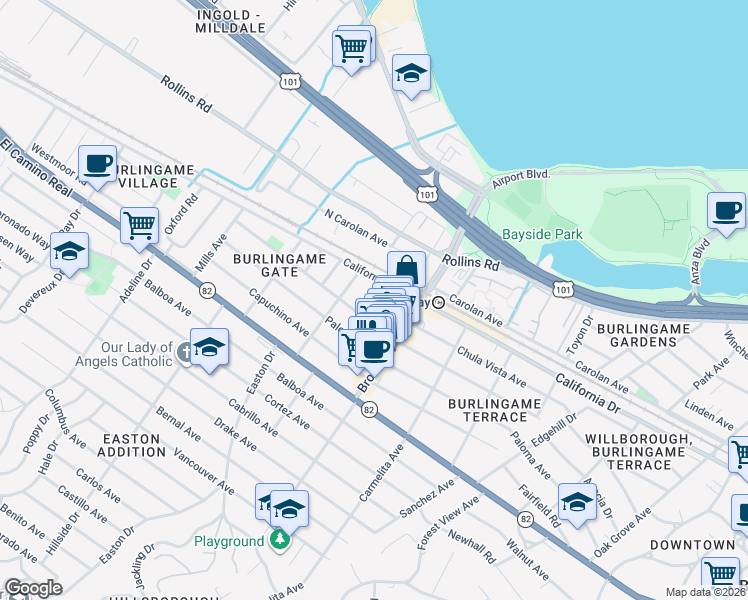 map of restaurants, bars, coffee shops, grocery stores, and more near 1228 Laguna Avenue in Burlingame