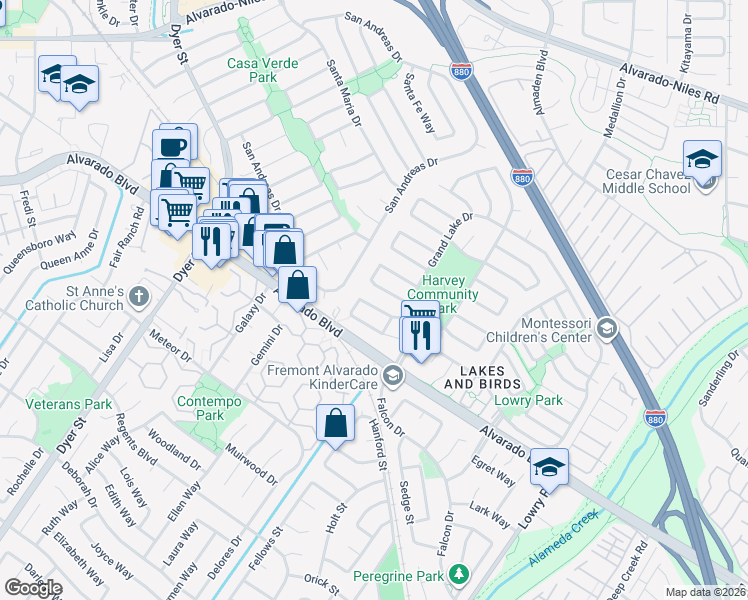 map of restaurants, bars, coffee shops, grocery stores, and more near 32542 Lake Tana Street in Fremont