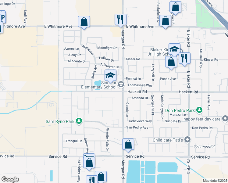 map of restaurants, bars, coffee shops, grocery stores, and more near 1211 Hackett Road in Ceres