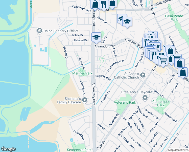 map of restaurants, bars, coffee shops, grocery stores, and more near Union City Boulevard in Union City