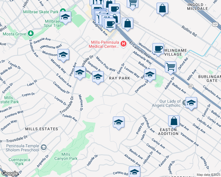 map of restaurants, bars, coffee shops, grocery stores, and more near 2221 Davis Drive in Burlingame