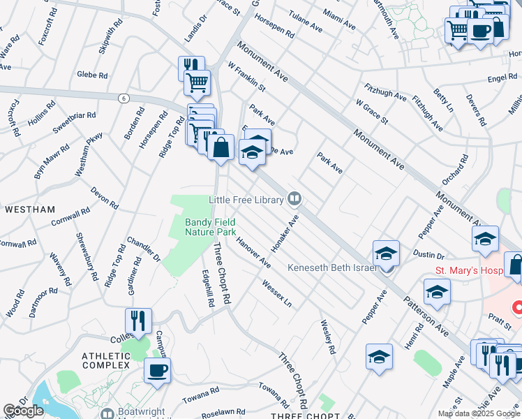 map of restaurants, bars, coffee shops, grocery stores, and more near 6723 Kensington Avenue in Richmond