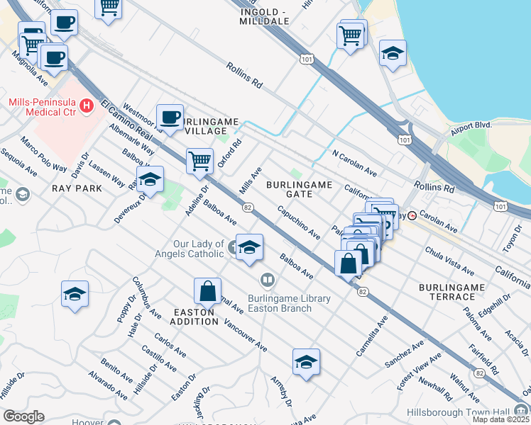 map of restaurants, bars, coffee shops, grocery stores, and more near 1416 El Camino Real in Burlingame