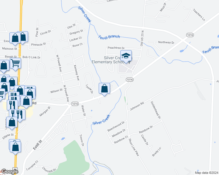 map of restaurants, bars, coffee shops, grocery stores, and more near 201 Layne Court in Berea