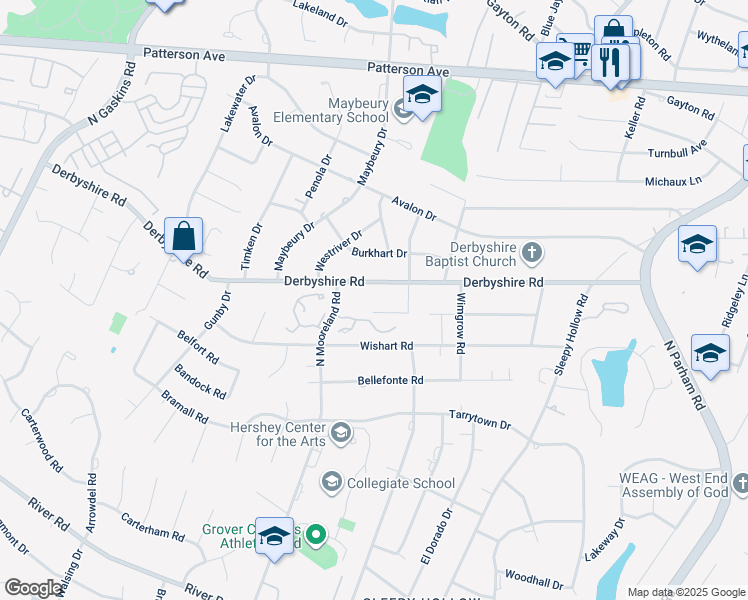 map of restaurants, bars, coffee shops, grocery stores, and more near 9133 Derbyshire Road in Henrico