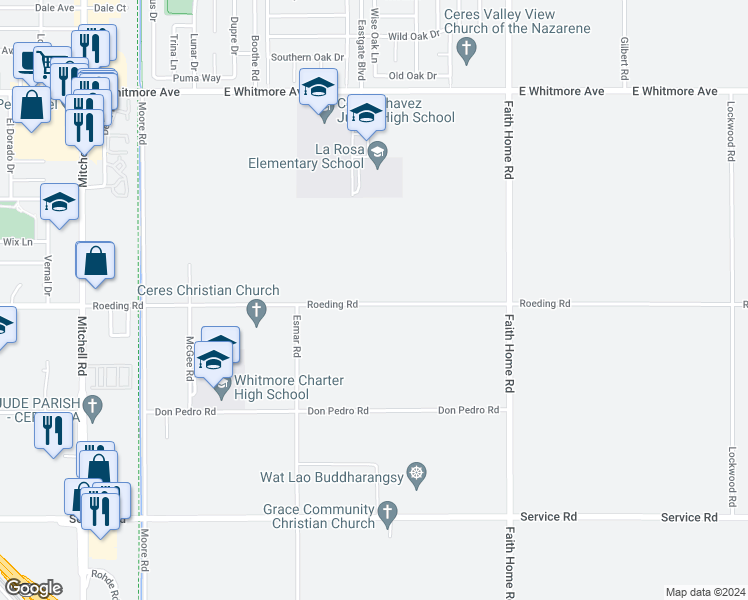 map of restaurants, bars, coffee shops, grocery stores, and more near 3737 Roeding Road in Ceres