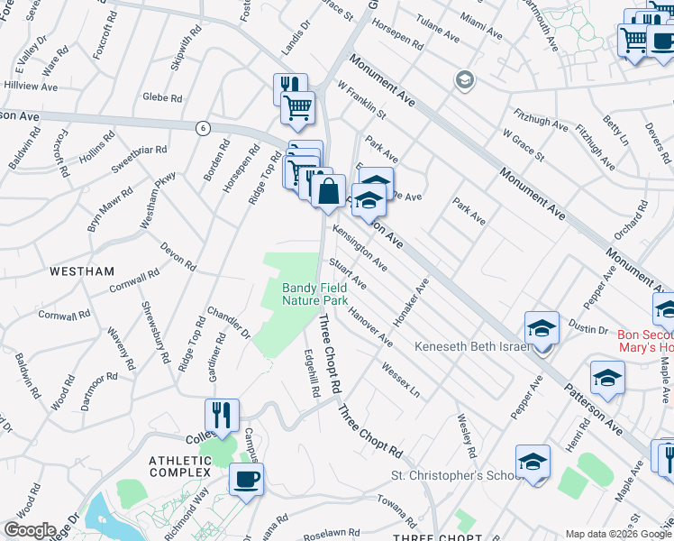 map of restaurants, bars, coffee shops, grocery stores, and more near 6805 Stuart Avenue in Richmond