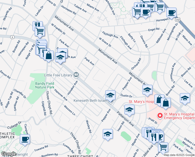 map of restaurants, bars, coffee shops, grocery stores, and more near 6514 Dustin Drive in Richmond