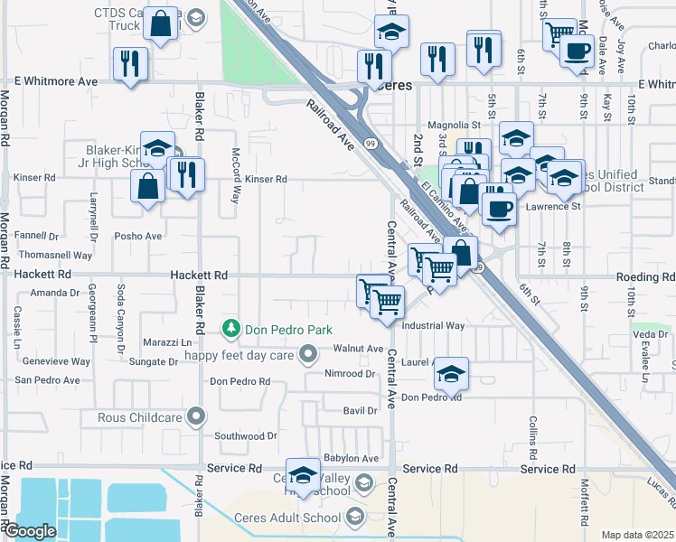map of restaurants, bars, coffee shops, grocery stores, and more near 1937 Pleasant Avenue in Ceres