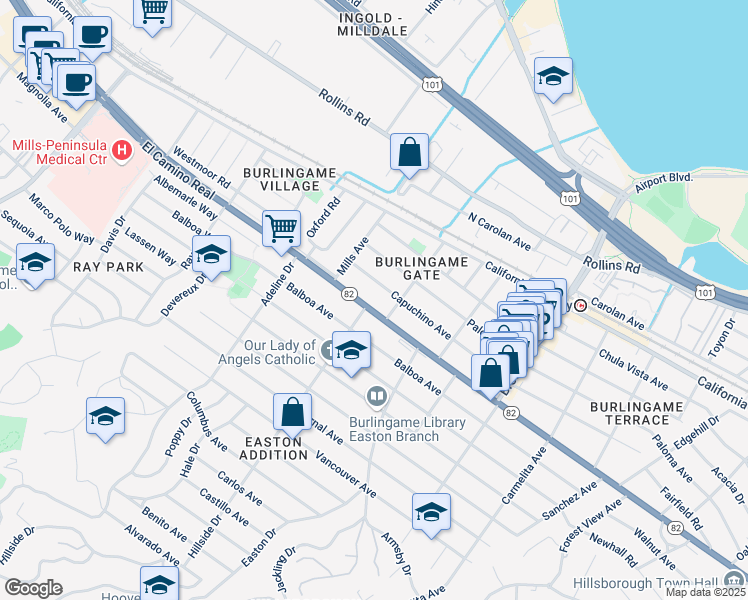 map of restaurants, bars, coffee shops, grocery stores, and more near 1345 California 82 in Burlingame