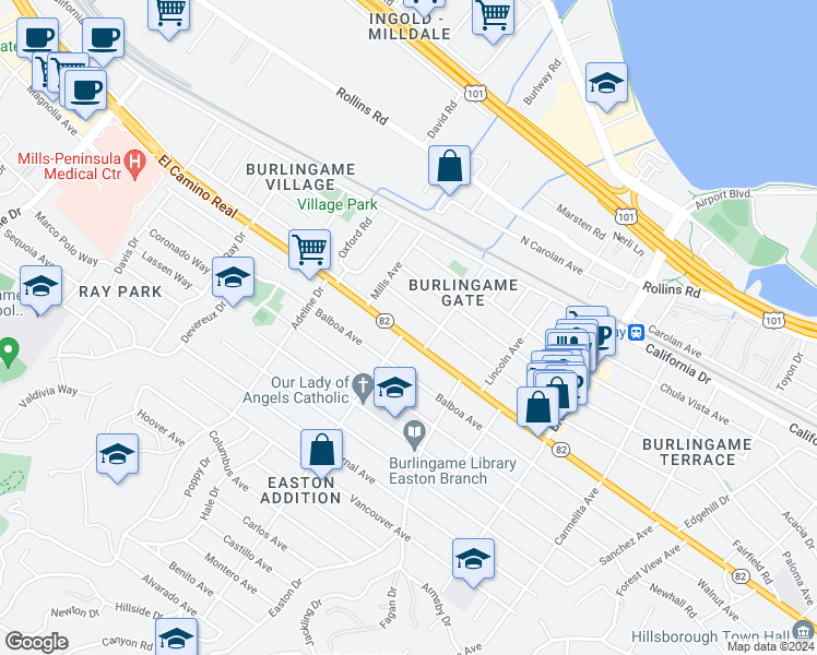 map of restaurants, bars, coffee shops, grocery stores, and more near 1345 California 82 in Burlingame