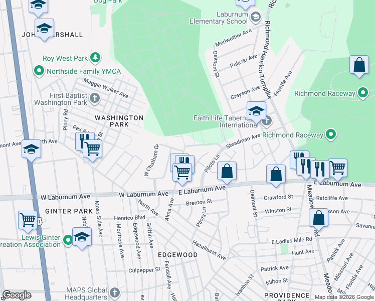 map of restaurants, bars, coffee shops, grocery stores, and more near 3921 Alma Avenue in Richmond