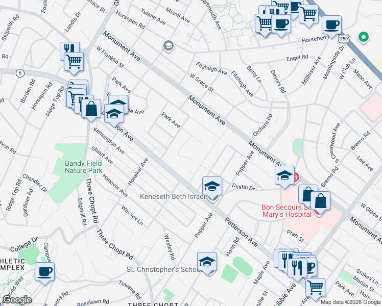 map of restaurants, bars, coffee shops, grocery stores, and more near 6507 Dustin Drive in Richmond