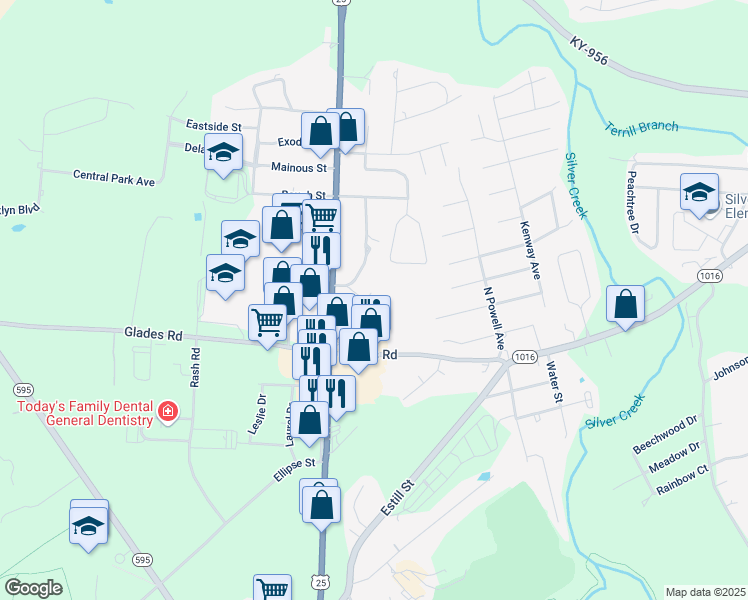 map of restaurants, bars, coffee shops, grocery stores, and more near 6 Melody Street in Berea