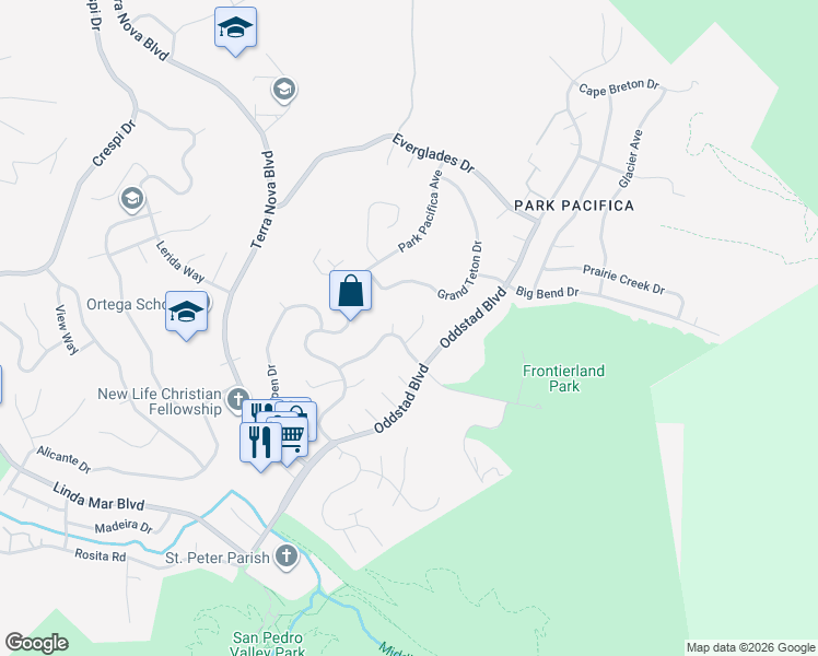 map of restaurants, bars, coffee shops, grocery stores, and more near 1031 Yosemite Drive in Pacifica