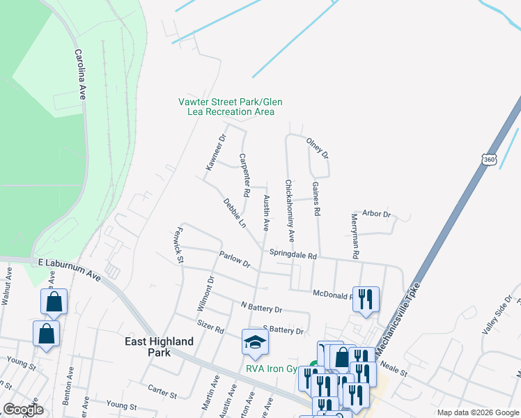 map of restaurants, bars, coffee shops, grocery stores, and more near 4309 Austin Avenue in Richmond