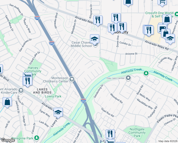 map of restaurants, bars, coffee shops, grocery stores, and more near 259 Molokai Circle in Union City