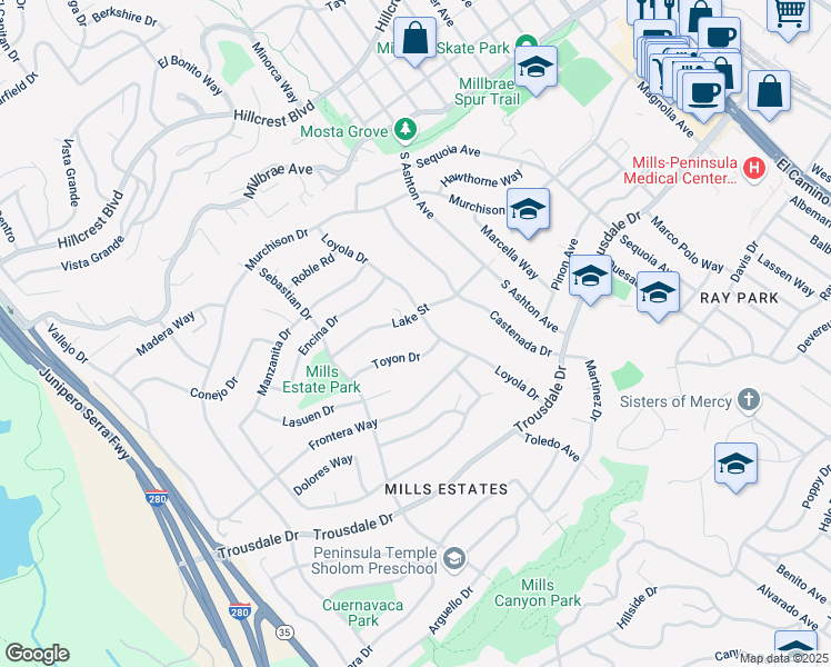 map of restaurants, bars, coffee shops, grocery stores, and more near 1200 Lake Street in Millbrae