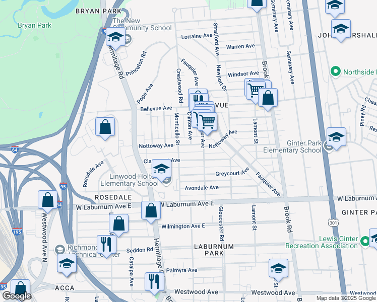 map of restaurants, bars, coffee shops, grocery stores, and more near 1518 Nottoway Avenue in Richmond