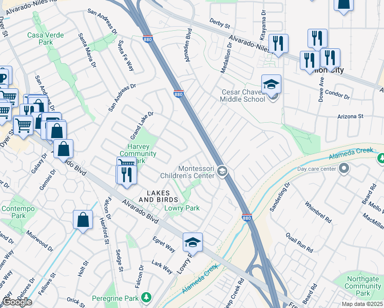 map of restaurants, bars, coffee shops, grocery stores, and more near 3501 Lake Ontario Drive in Fremont