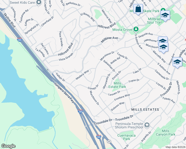 map of restaurants, bars, coffee shops, grocery stores, and more near 1376 Murchison Drive in Millbrae