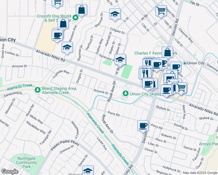 map of restaurants, bars, coffee shops, grocery stores, and more near 2327 Royal Ann Drive in Union City